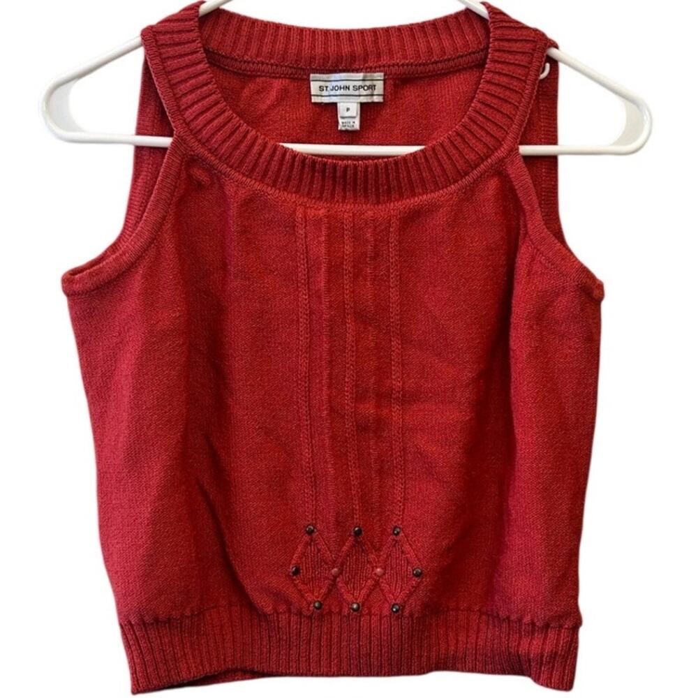 St John‎ Sport Red Sleeveless Santana Knit Sweater Vest Embroidered Spring 08